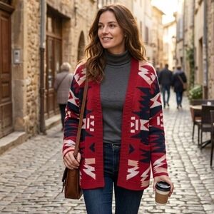 Women's Red Southwestern Cabincore Knit Cardigan Size 3XL